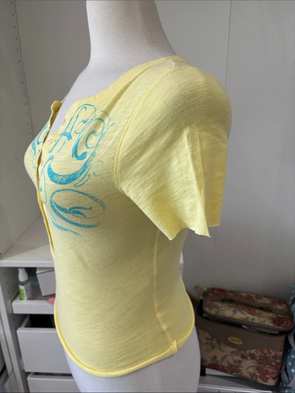 American Eagle Outfitters Yellow Scoop Henley with Teal Graphic - Picture 2 of 5